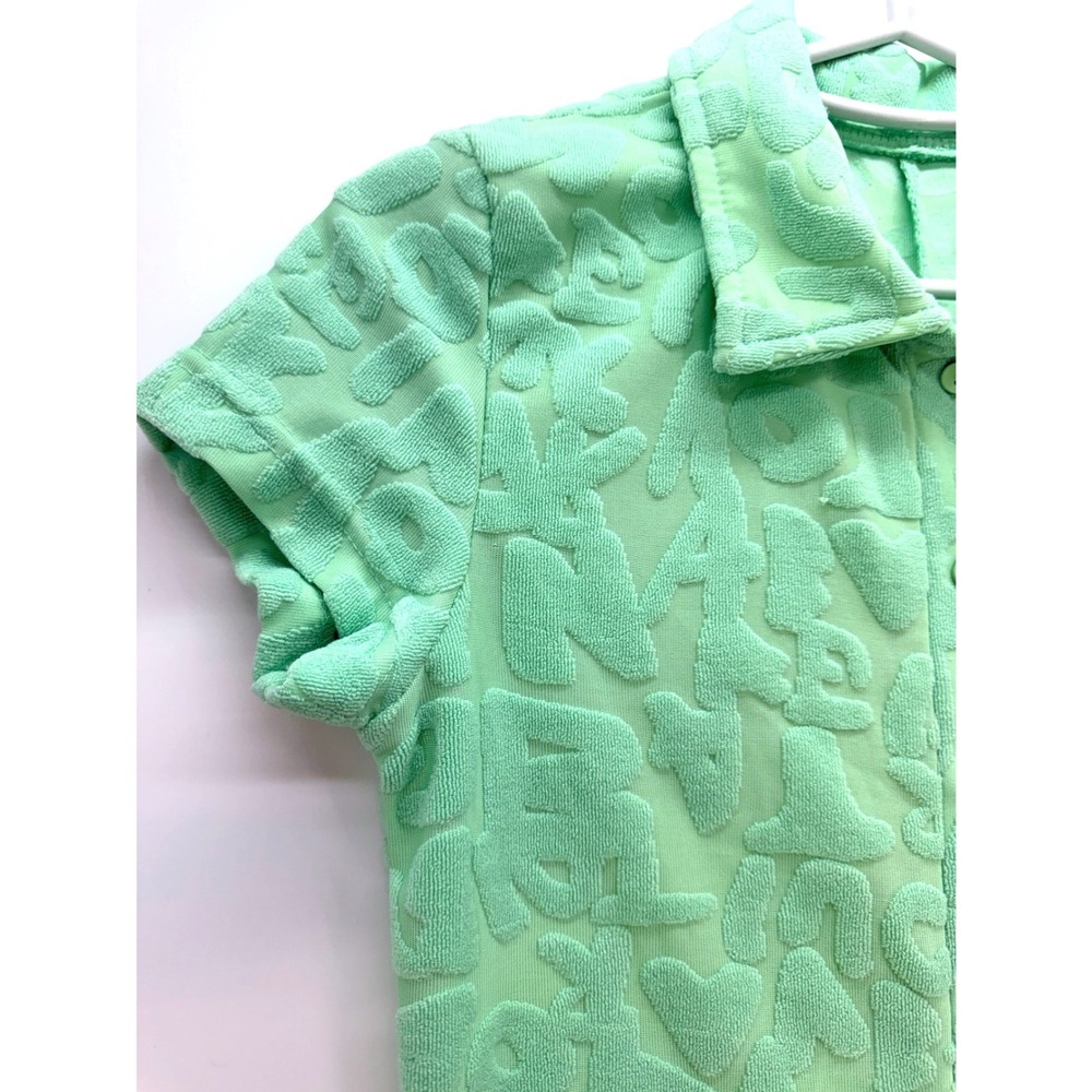Green Textured Terry Letter Button Front Romper Sz M Y2K Beach Babe Dopamine - Picture 9 of 10